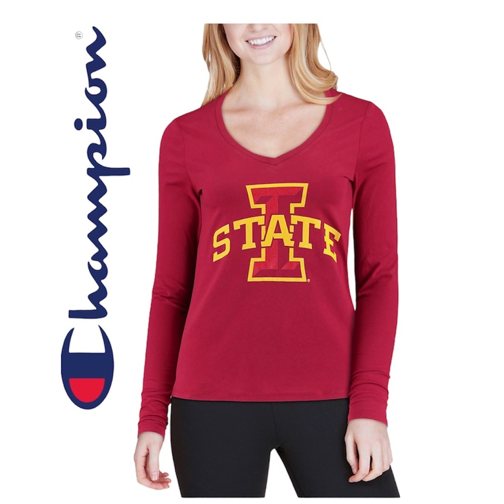 ⤵️🆕Champion® Cardinal Iowa State Cyclones Primary Logo LongSleeve V-Neck TShirt